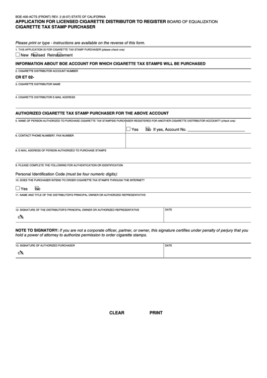 Fillable Boe-400-Acts - Application For Licensed Cigarette Distributor To Register Cigarette Tax Stamp Purchaser Form Printable pdf