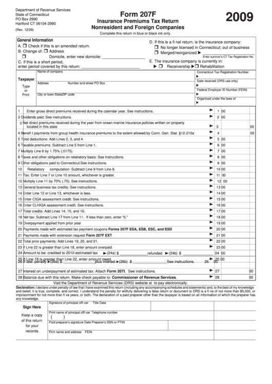 Form 207f Insurance Premiums Tax Return Nonresident And Foreign Companies 2009 Printable pdf