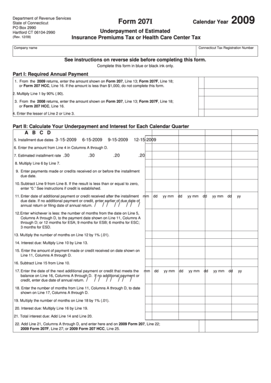 Form 207i - Underpayment Of Estimated Insurance Premiums Tax Or Health Care Center Tax - 2009 Printable pdf