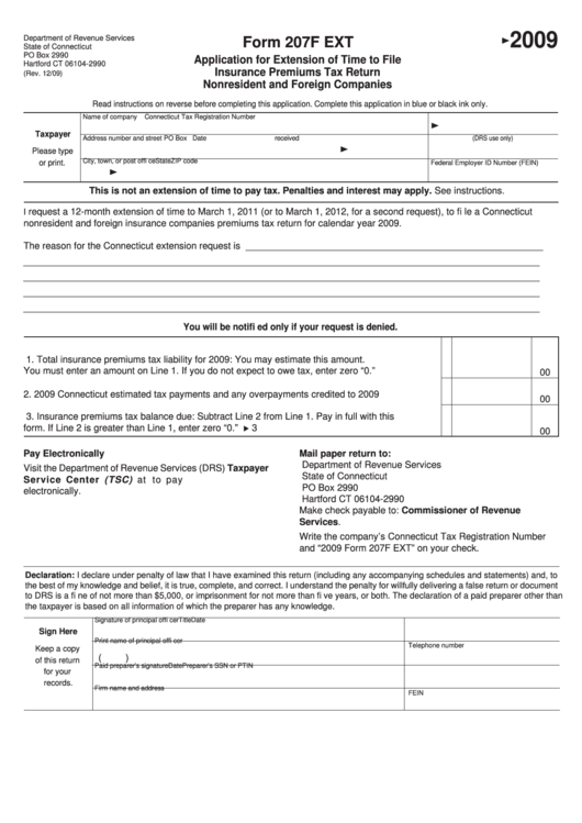 Form 207f Ext - Application For Extension Of Time To File Insurance Premiums Tax Return Nonresident And Foreign Companies - 2009 Printable pdf