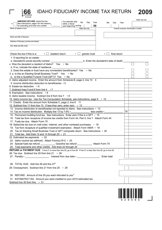 Form 66 - Idaho Fiduciary Income Tax Return - 2009 Printable pdf