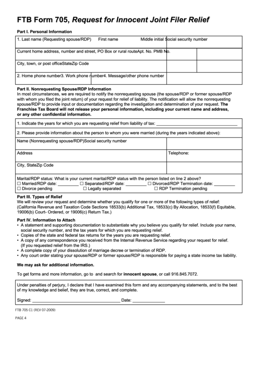 Fillable Ftb Form 705 - Request For Innocent Joint Filer Relief Printable pdf