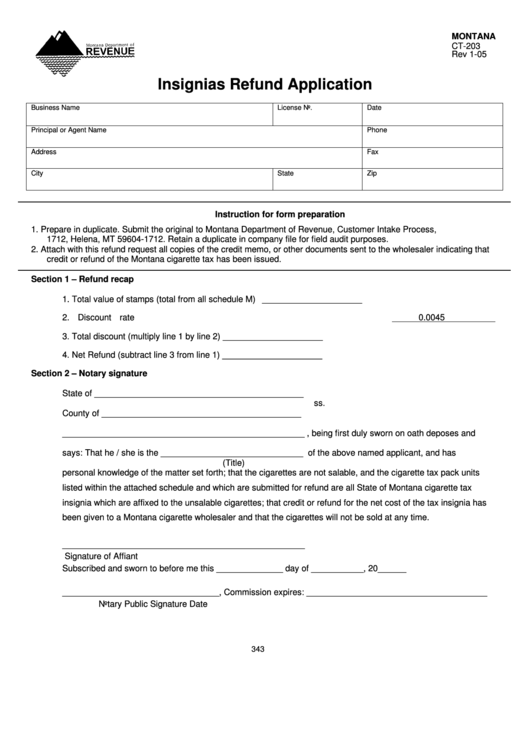 Montana Form Ct-203 - Insignias Refund Application - 2005 Printable pdf