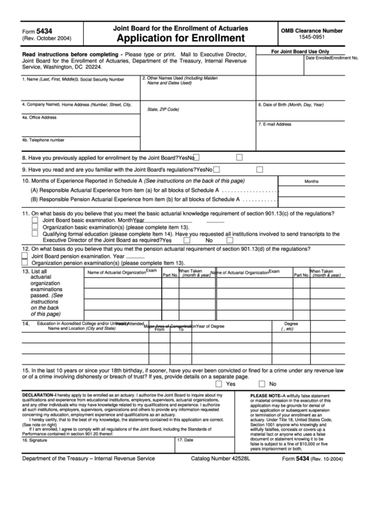 Fillable Form 5434 - Application For Enrollment - Joint Board For The Enrollment Of Actuaries - 2004 Printable pdf