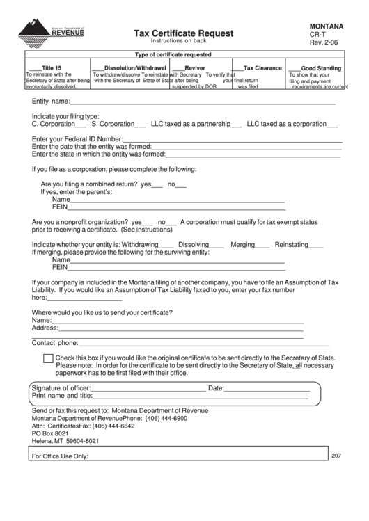 Fillable Montana Form Cr-T - Tax Certificate Request Printable pdf