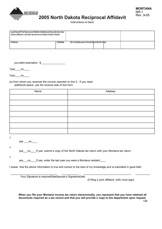 Fillable Montana Form Nr-1 - 2005 North Dakota Reciprocal Affidavit Printable pdf
