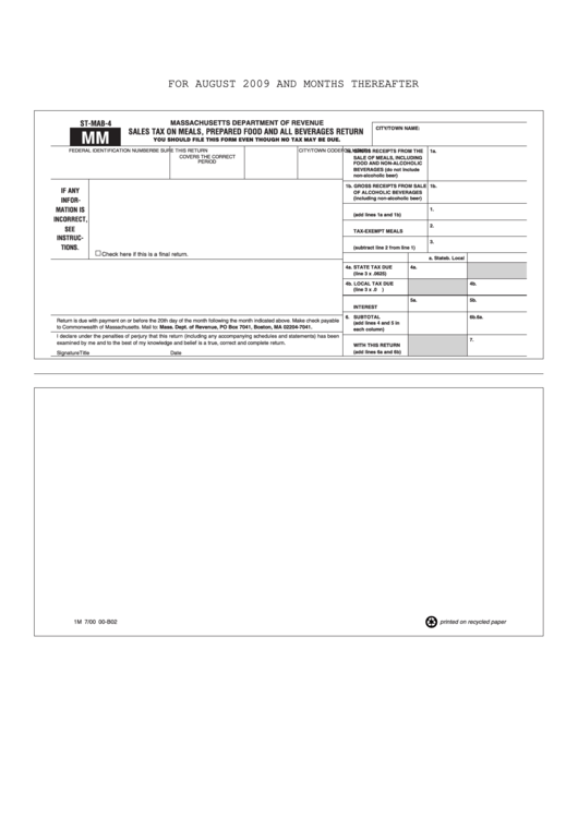 Form St-Mab-4 Mm - Sales Tax On Meals, Prepared Food And All Beverages Return - 2009 Printable pdf