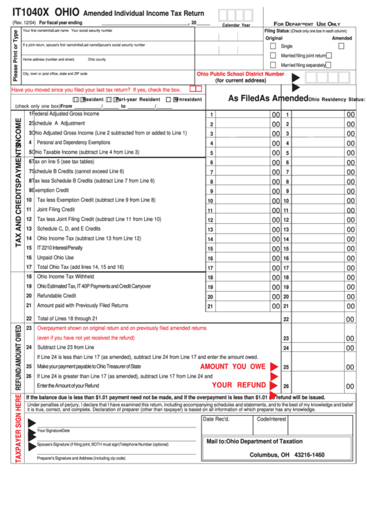 Form It1040x - Ohio Amended Individual Income Tax Return - 2004 Printable pdf