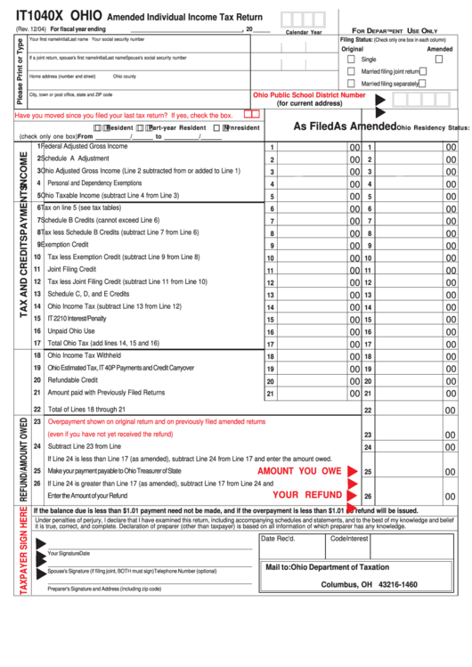Form It1040x Ohio Amended Individual Income Tax Return 2004 