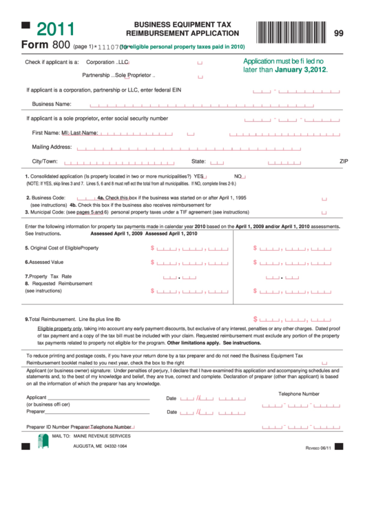Form 800 - Business Equipment Tax Reimbursement Application - 2011 Printable pdf