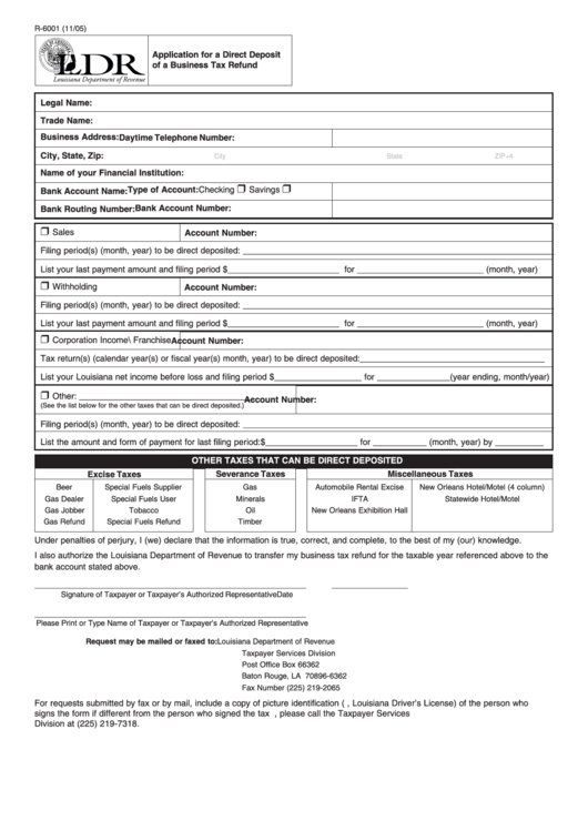 Fillable R-6001 - Application For A Direct Deposit Of A Business Tax Refund Form Printable pdf
