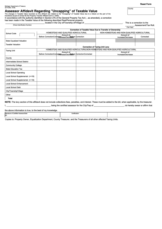 Fillable Form 3214 - Assessor Affidavit Regarding "Uncapping" Of Taxable Value Form - Michigan Printable pdf