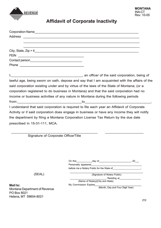 Fillable Affidavit Of Corporate Inactivity Form - Montana Printable pdf