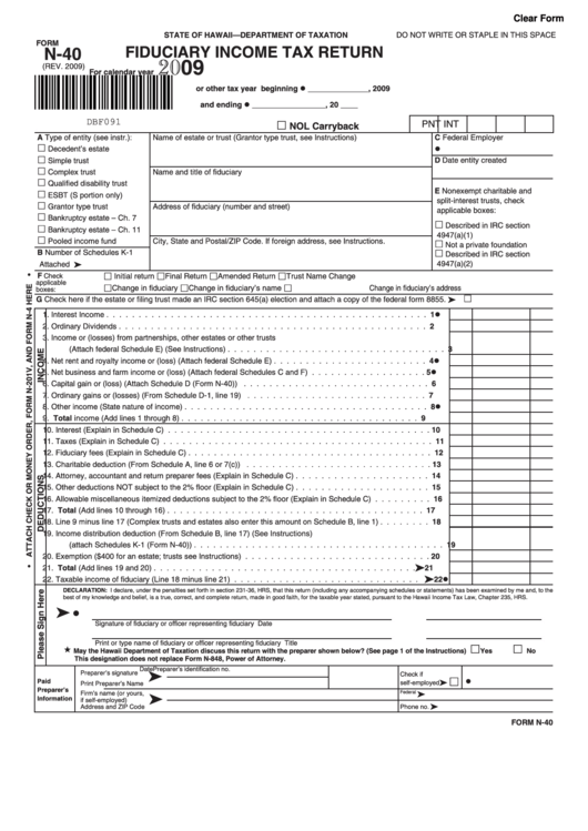 Fillable Form N-40 - Fiduciary Income Tax Return - 2009 Printable pdf