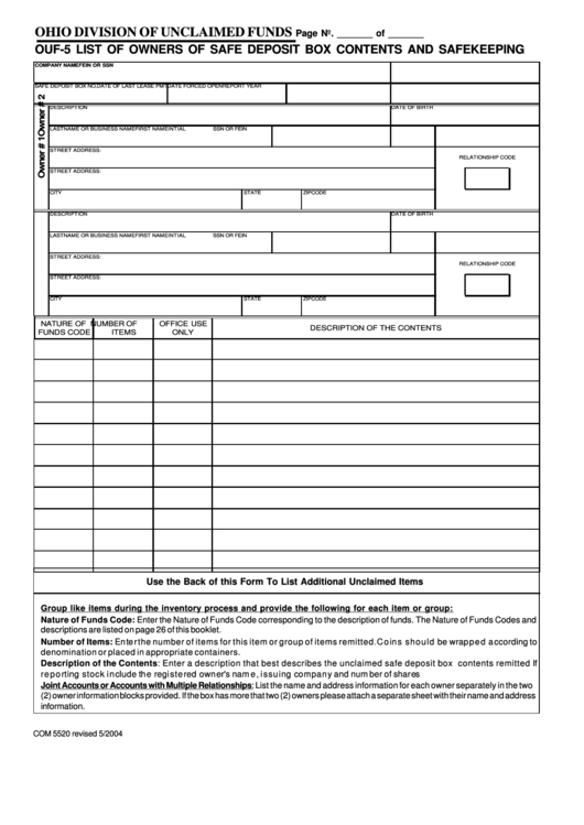 Ouf-5 Form List Of Owners Of Safe Deposit Box Contents And Safekeeping Printable pdf