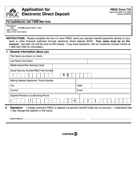 Pbgc Form 710 - Application For Electronic Direct Deposit Printable pdf