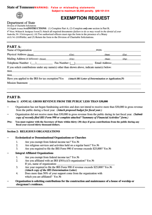 Form Ss-6042 - Exemption Request - State Of Tennessee Printable pdf