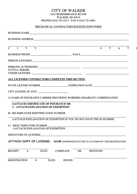 Fillable Mechanical Contractors Registration Form - City Of Walker Printable pdf