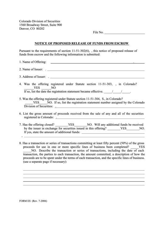 Form Es - Notice Of Proposed Release Of Funds From Escrow Printable pdf