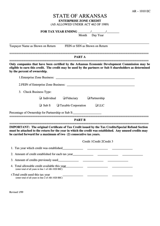 Ar-1010ec - Enterprise Zone Credit - Arkansas 1999 printable pdf download