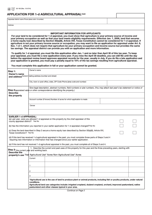 Fillable Form 50-165 - Application For 1-D Agricultural Appraisal Printable pdf