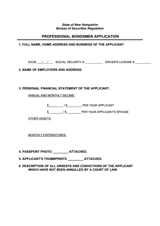 Professional Bondsmen Application Template Printable pdf