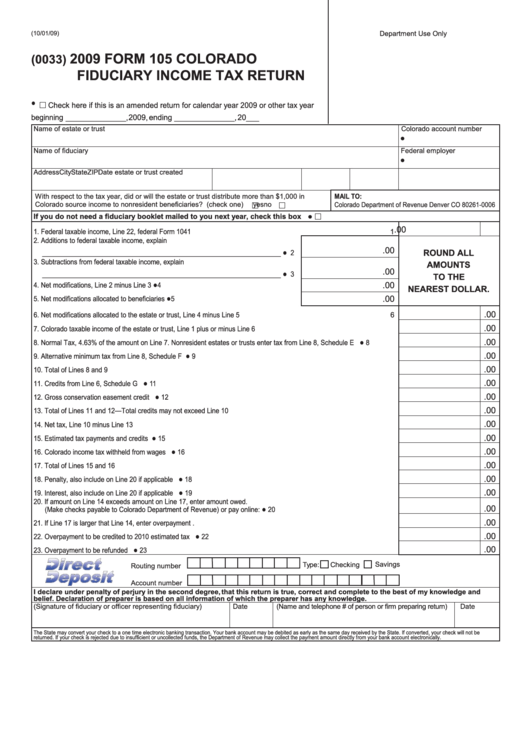 Fillable Form 105 - Colorado Fiduciary Income Tax Return - 2009 Printable pdf