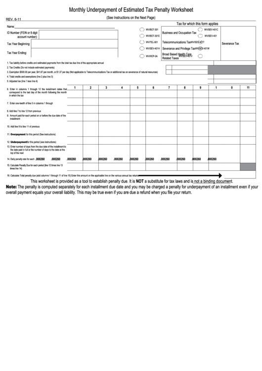 Monthly Underpayment Of Estimated Tax Penalty Worksheet Template