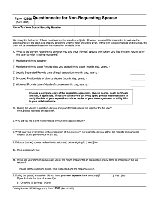 Fillable Form 12508 - Questionnaire For Non-Requesting Spouse Printable pdf