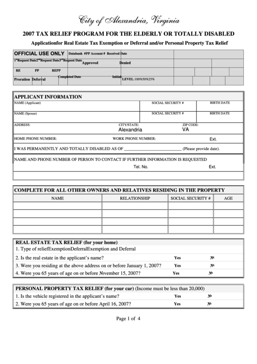 Fillable Application For Real Estate Tax Exemption Or Deferral And/or Personal Property Tax Relief Printable pdf