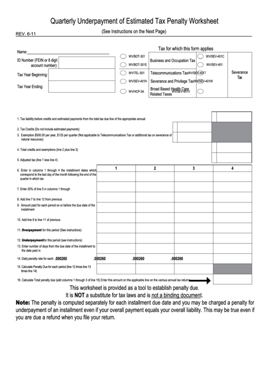 Quarterly Underpayment Of Estimated Tax Penalty Worksheet Template