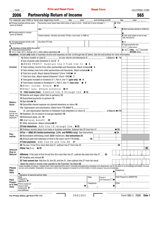 Fillable California Form 565 - Partnership Return Of Income - 2006 Printable pdf