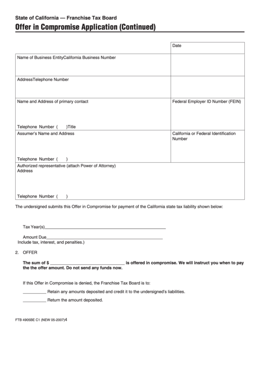 Offer In Compromise Application (Continued) Form - California Franchise Tax Board Printable pdf