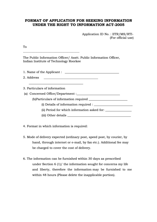 Format Of Application For Seeking Information Under The Right To Information Act-2005 Printable pdf