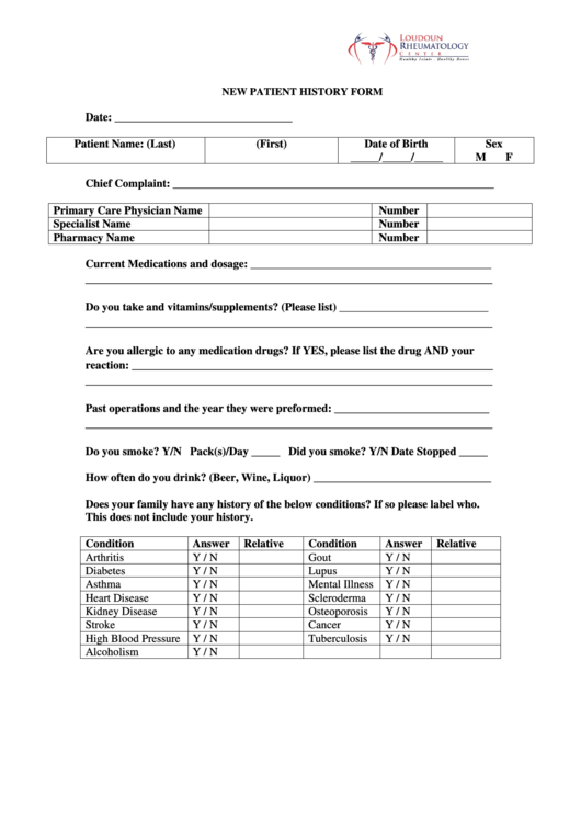 New Patient History Form Printable pdf