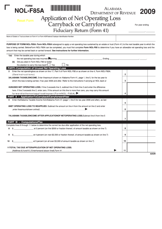 Fillable Form Nol-F85a - Application Of Net Operating Loss Carryback Or Carryforward Fiduciary Return - 2009 Printable pdf
