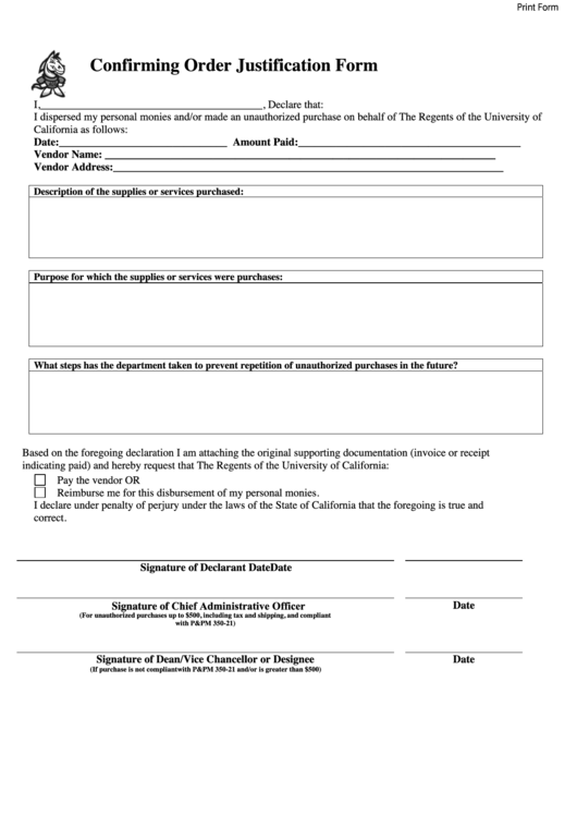 Fillable Confirming Order Justification Form Printable pdf