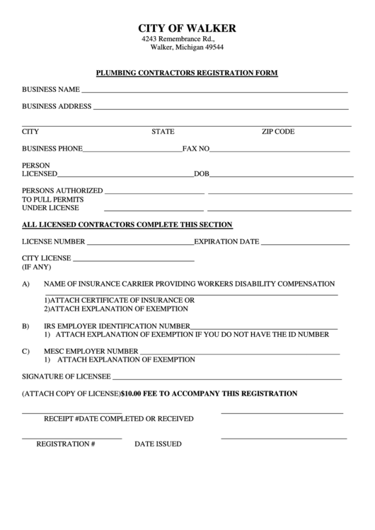 Plumbing Contractors Registration Form - City Of Walker Printable pdf