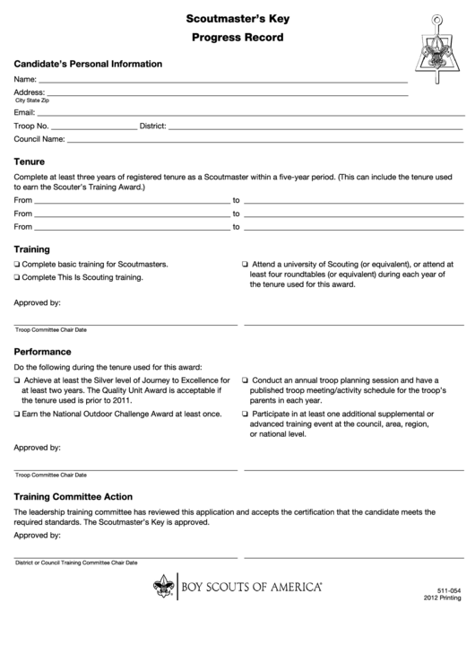 Fillable Scoutmasters Key - Progress Record Form Printable pdf