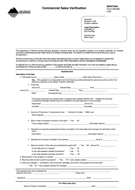 Fillable Montana Form Ab-60c - Commercial Sales Verification Printable pdf
