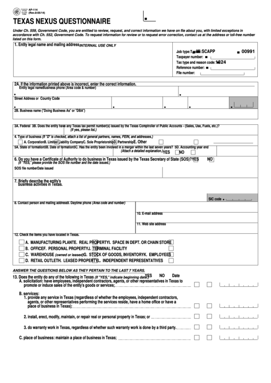 Fillable Form Ap-114 -Texas Nexus Questionnaire Printable pdf