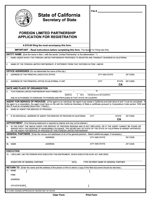Fillable Form Lp-5 - Foreign Limited Partnership Application For Registration Printable pdf