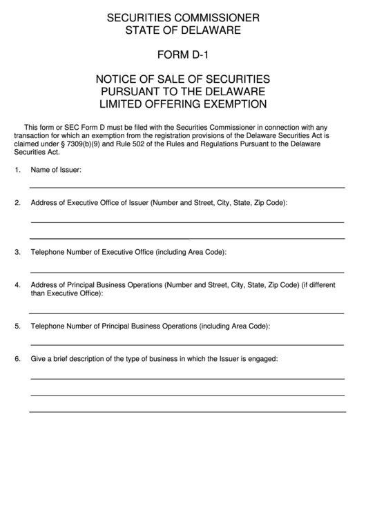Fillable Form D-1 - Notice Of Sale Of Securities Pursuant To The Delaware Limited Offering Exemption Form - State Of Delaware Printable pdf