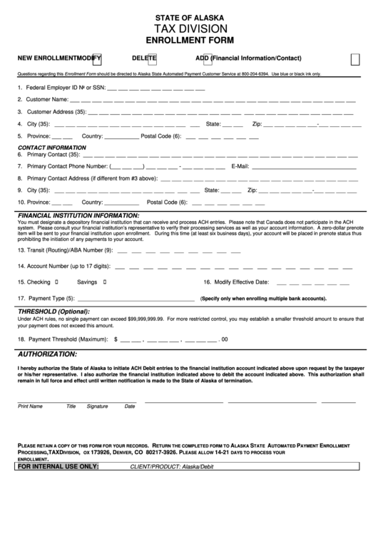 Tax Division Enrollment Form - Alaska Printable pdf