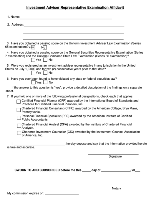 Fillable Investment Adviser Representative Examination Affidavit Form Printable pdf
