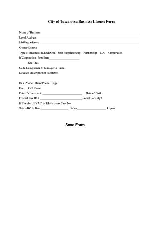 Fillable Business License Form - City Of Tuscaloosa Printable pdf