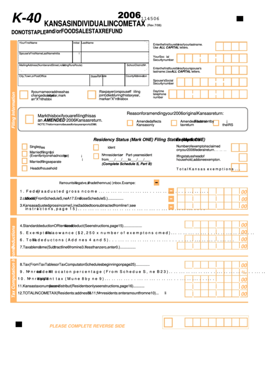 Form K-40 - Kansas Individual Income Tax And/or Food Sales Tax Refund - 2006 Printable pdf