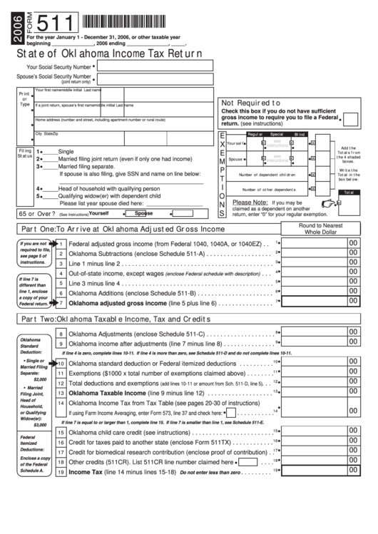 Form 511 - State Of Oklahoma Income Tax Return - 2006 Printable pdf