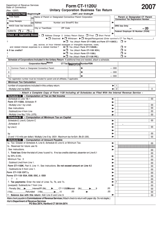 Form Ct-1120u - Unitary Corporation Business Tax Return - 2007 Printable pdf