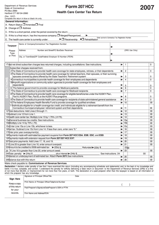 Form 207 Hcc - Health Care Center Tax Return - 2007 Printable pdf